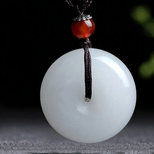 Jade  Round Hetian White Jade Peace Buckle Blessing Necklace Pendant