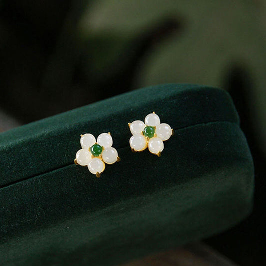 Jade  White Jade Flower Luck Blessing Stud Earrings