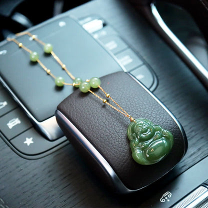Buddha Energy Necklace Laughing Buddha Hetian Jade Luck Necklace Bead Chain Pendant