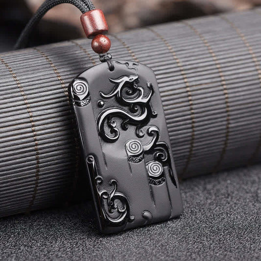 Spirituality Buddha Karma Black Obsidian Dragon Phoenix Success Necklace Pendant