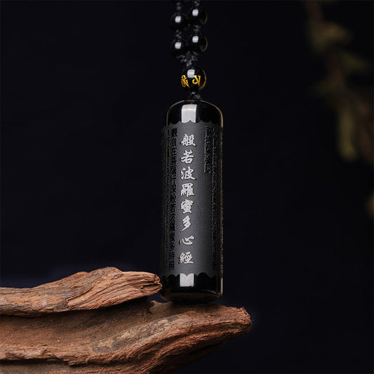 Spirituality Buddha Karma Natural Black Obsidian Heart Sutra Purification Necklace Pendant