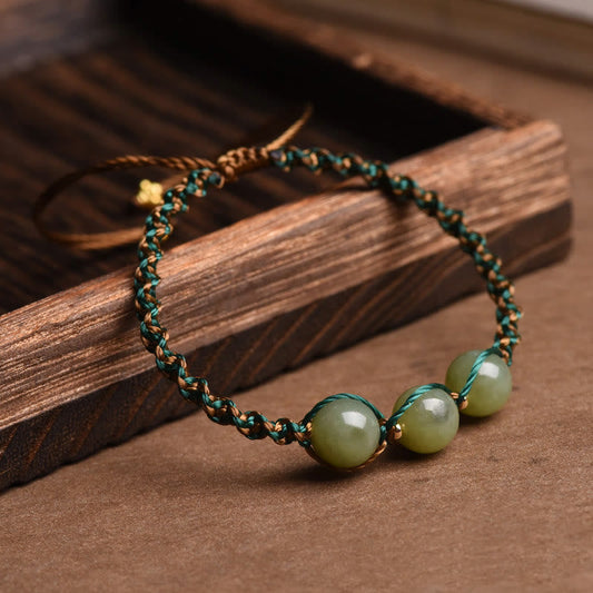 Ancient Tibetan Buddhist Red String Tradition  Handmade Rope Luck Three Jade Bead Abundance Bracelet
