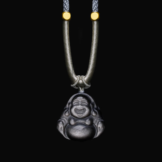 Buddha Energy Necklace Natural Silver Sheen Obsidian Laughing Buddha Protection Necklace Pendant