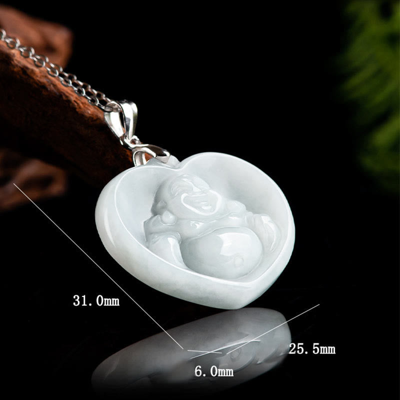 Buddha Energy Necklace 925 Sterling Silver Laughing Buddha White Jade Luck Blessing Necklace Pendant
