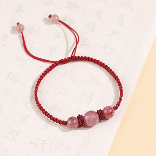 Ancient Tibetan Buddhist Red String Tradition  Natural Strawberry Quartz Crystal Love Red String Weave Bracelet Anklet