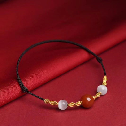 Ancient Tibetan Buddhist Red String Tradition  Natural Red Agate Cat Eye Calm Braided String Bracelet Necklace Pendant