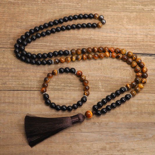 Natural Tiger Eye 108 Beads Mala Necklace and Bracelet Set Courage, Energy, and Chakra Balancing Spiritual Jewelry