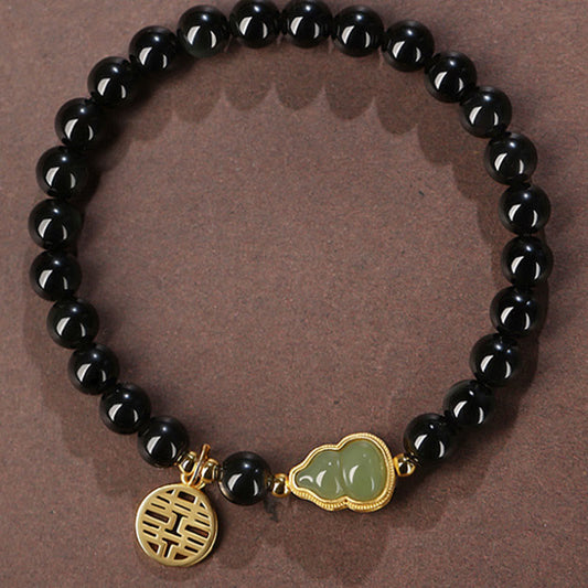 Spirituality Buddha Karma Natural Black Obsidian Hetian Jade Gourd Double Happiness Strength Bracelet