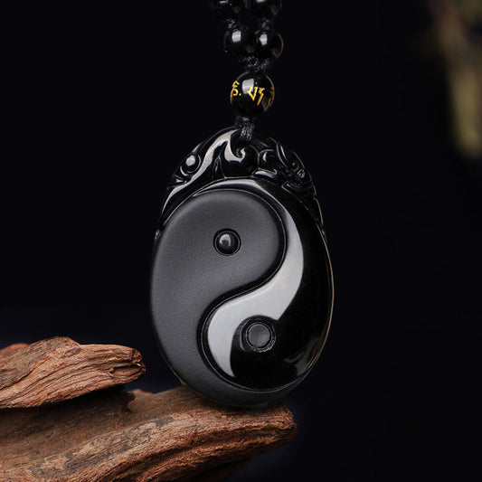 Spirituality Buddha Karma Natural Black Obsidian Yin Yang Fulfilment Strength Necklace Pendant