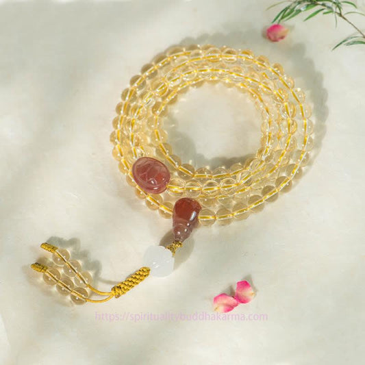 Golden Energy Citrine 108 Mala Beads 925 Sterling Silver Natural Wealth Solar Plexus Chakra (Third Chakra) Red Agate White Jade Prosperity Charm Bracelet
