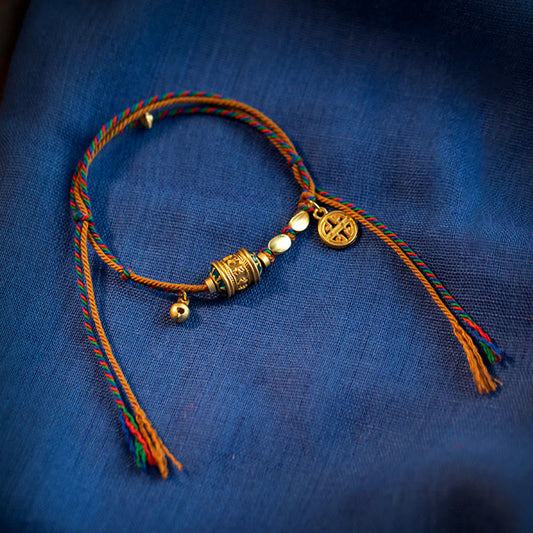 Ancient Tibetan Buddhist Red String Tradition  Tibetan Handmade Om Mani Padme Hum Prayer Wheel Protection Strength String Bracelet