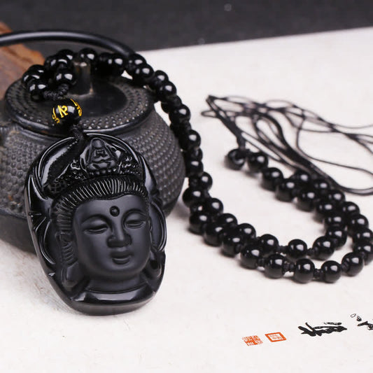 Spirituality Buddha Karma Natural Black Obsidian Kwan Yin Avalokitesvara Strength String Necklace Pendant