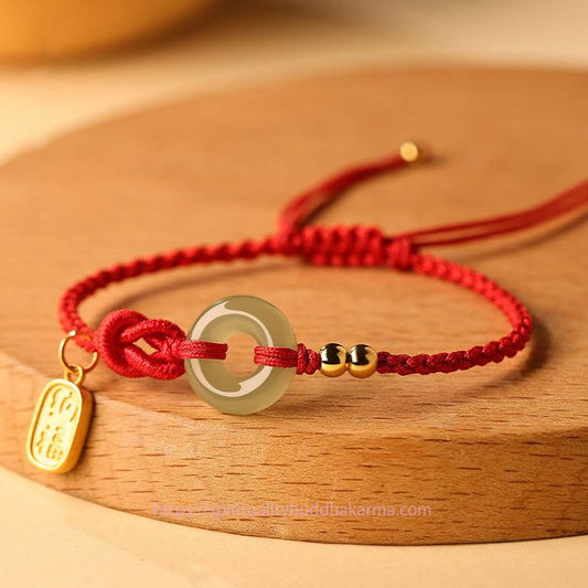 Ancient Tibetan Buddhist Red String Tradition  Hetian Jade Peace Buckle Fu Character String Luck Bracelet