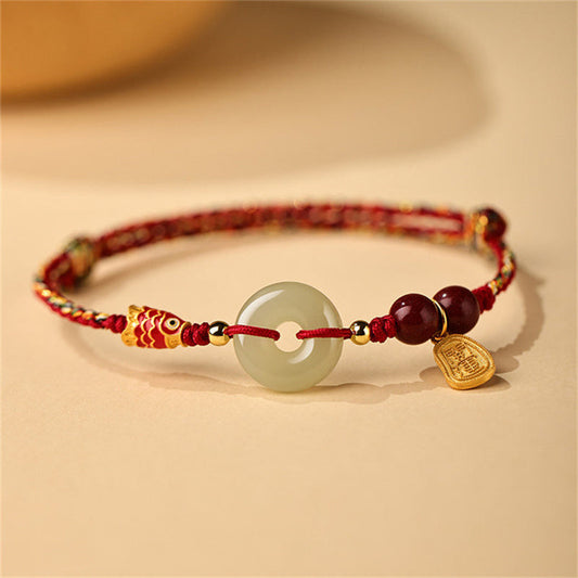 Ancient Tibetan Buddhist Red String Tradition  925 Sterling Silver Koi Fish Hetian Jade Peace Buckle Luck Bracelet