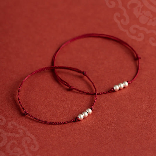Ancient Tibetan Buddhist Red String Tradition  925 Sterling Silver Three Beads Protection String Bracelet Anklet