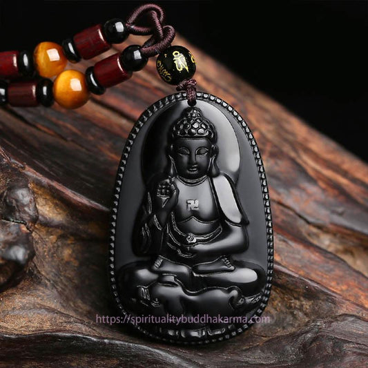 Buddha Energy Necklace Chinese Zodiac Natal Buddha Natural Black Obsidian Purification Necklace Pendant