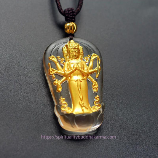 Spirituality Tibetan Eight-armed Avalokitesvara Guanyin Buddha Gold Plated Liuli Crystal Wealth Necklace Pendant