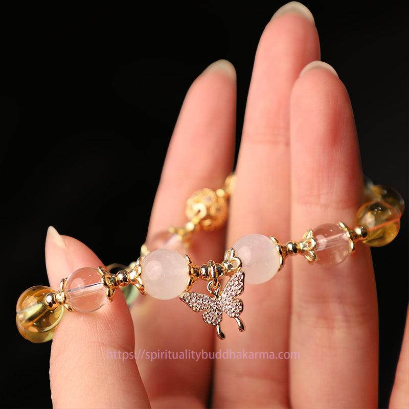 Golden Energy Citrine Wealth Solar Plexus Chakra (Third Chakra) Moonstone Butterfly Charm Prosperity Protection Bracelet