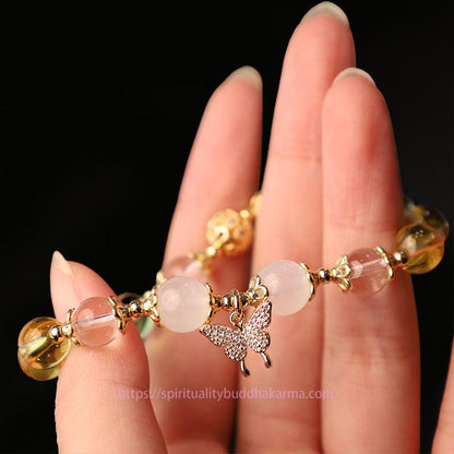 Golden Energy Citrine Wealth Solar Plexus Chakra (Third Chakra) Moonstone Butterfly Charm Prosperity Protection Bracelet