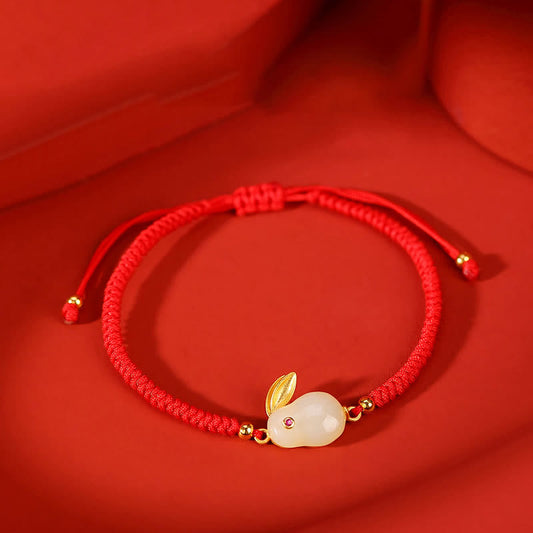 Jade  925 Sterling Silver Year of the Rabbit Hetian White Jade Luck Red String Protection Bracelet