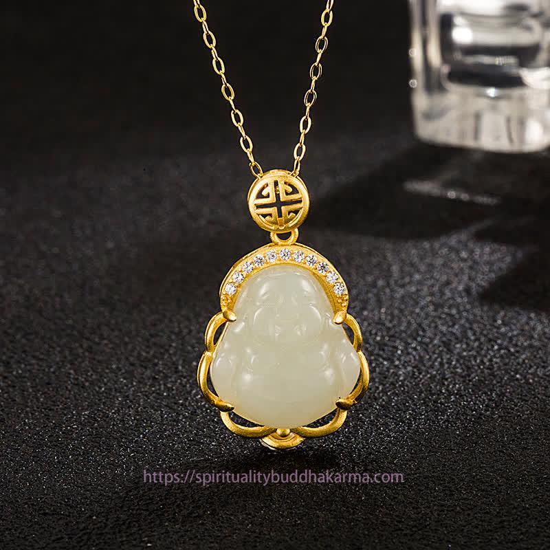 Buddha Energy Necklace 925 Sterling Silver Laughing Buddha Hetian White Jade Protection Necklace Pendant