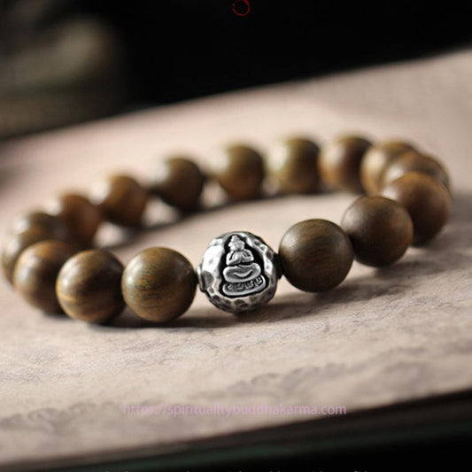 Spirituality 999 Sterling Silver Green Sandalwood Small Leaf Red Sandalwood Buddha Cure Bracelet