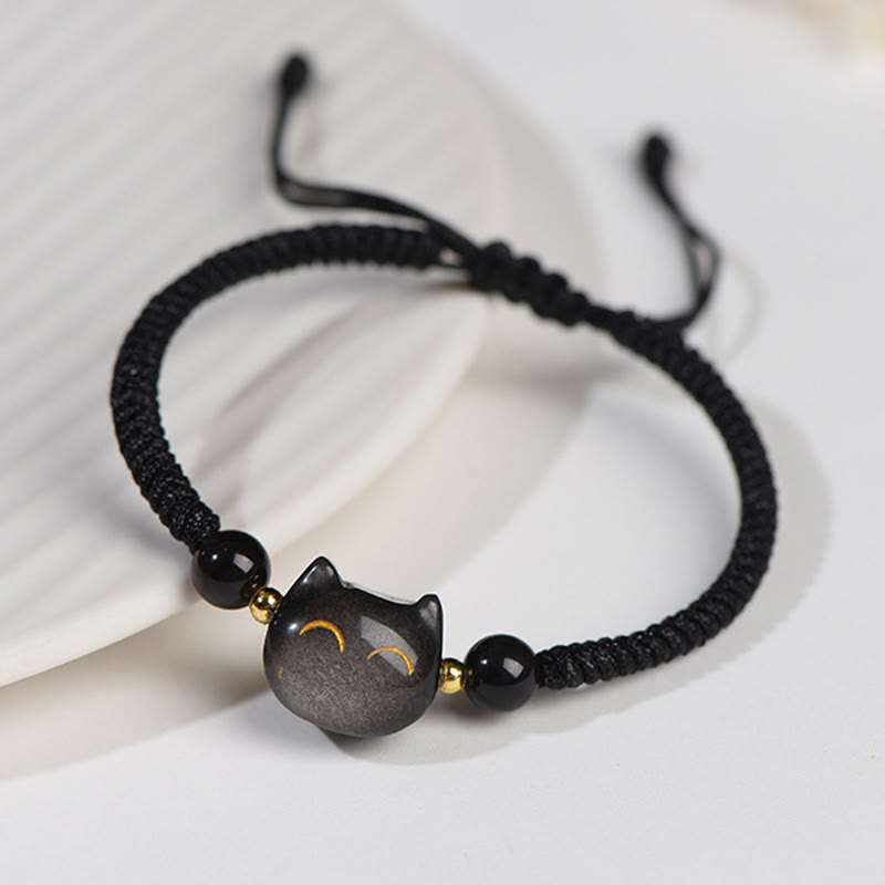 Spirituality Buddha Karma Handmade Natural Silver Sheen Obsidian Strawberry Quartz Cute Cat Protection Braided Bracelet