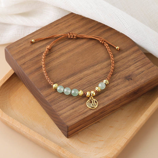 Ancient Tibetan Buddhist Red String Tradition  Jade Beads Fu Character Blessing Rope Bracelet