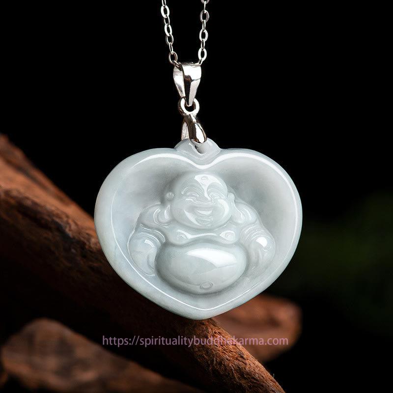Buddha Energy Necklace 925 Sterling Silver Laughing Buddha White Jade Luck Blessing Necklace Pendant