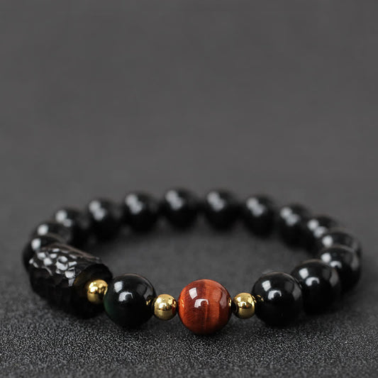 Black Obsidian Ebony Wood Red Tiger Eye Strength Couple Bracelet