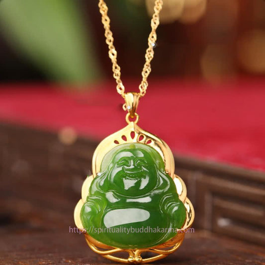 Buddha Energy Necklace 925 Sterling Silver Natural Hetian Cyan Jade Laughing Buddha 18K Gold Healing Necklace Chain Pendant