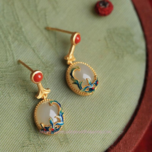 Jade  Vintage Jade Red Agate Abundance Copper Drop Earrings