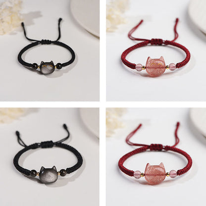 Spirituality Buddha Karma Handmade Natural Silver Sheen Obsidian Strawberry Quartz Cute Cat Protection Braided Bracelet