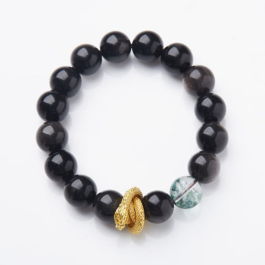 Spirituality Buddha Karma Natural Silver Sheen Obsidian Dragon Green Phantom Protection Bracelet