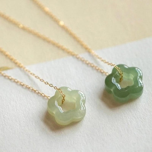 Jade  Dainty Hetian Jade Cyan Jade Luck Floral Charm Necklace Pendant