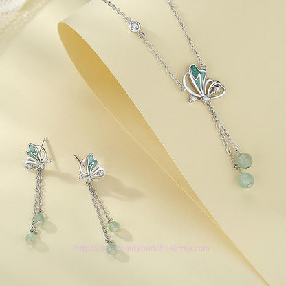Spirituality Buddha Karma 925 Sterling Silver Natural Green Aventurine Butterfly Luck Necklace Pendant Earrings Set