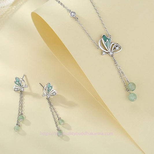 Spirituality Buddha Karma 925 Sterling Silver Natural Green Aventurine Butterfly Luck Necklace Pendant Earrings Set