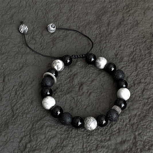 Spirituality Buddha Karma Vintage Lava Rock Black Obsidian Picasso Jasper Beads Support Rope Bracelet