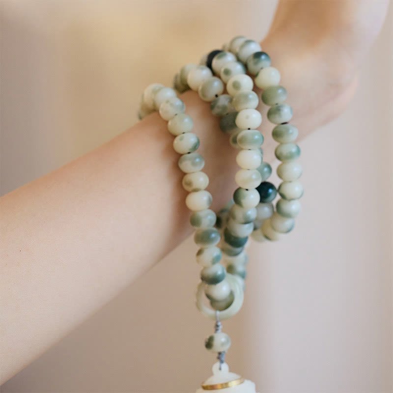 Spirituality Buddha Karma Natural 108 Mala Beads Bodhi Seed Lotus Engraved Wisdom Tassel Bracelet