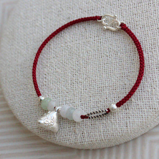 Ancient Tibetan Buddhist Red String Tradition  925 Sterling Silver Jade Red String Zongzi Charm Abundance Bracelet