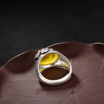 Golden Energy Citrine Silver Wealth Solar Plexus Chakra (Third Chakra) Lotus Blessing Protection Adjustable Ring
