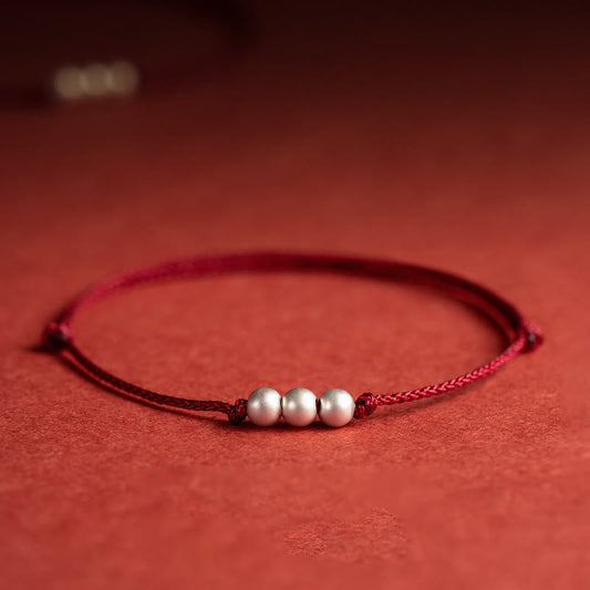 Ancient Tibetan Buddhist Red String Tradition  925 Sterling Silver Three Beads Protection String Bracelet Anklet
