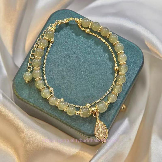 Jade  Jade Leaf Ginkgo Tulip Peanut Fu Character Luck Beaded Bracelet