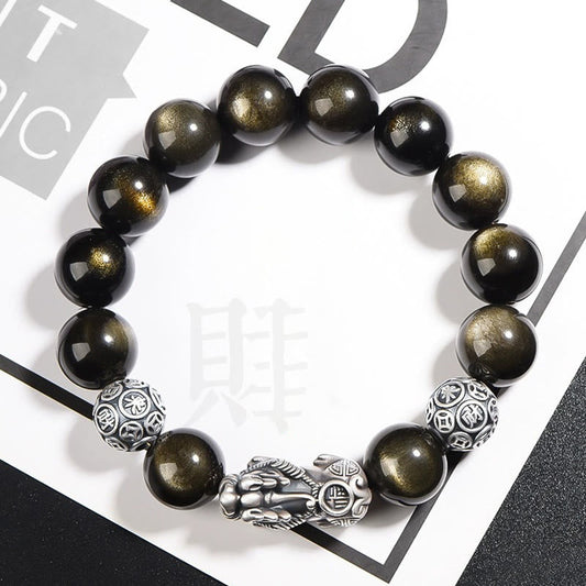 Spirituality Buddha Karma 925 Sterling Silver Natural Gold Sheen Obsidian PiXiu Wealth Protection Bracelet