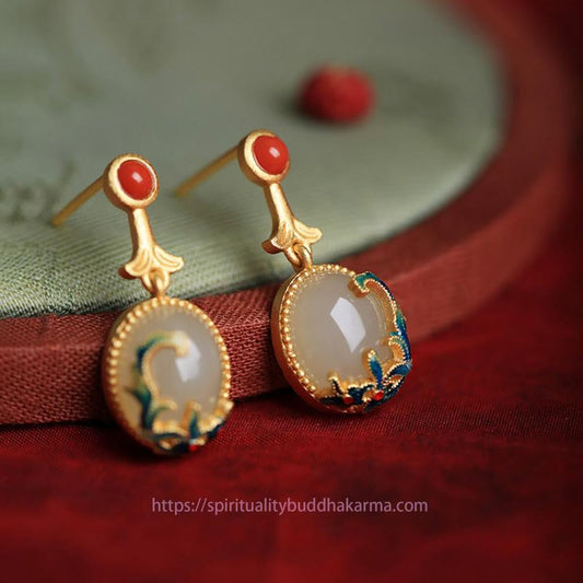 Jade  Vintage Jade Red Agate Abundance Copper Drop Earrings