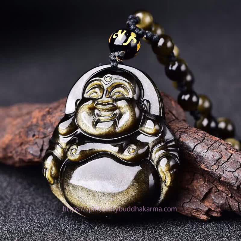 Spirituality Laughing Buddha Gold Sheen Obsidian Wealth Necklace Pendant