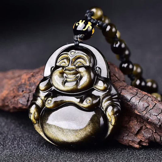 Spirituality Buddha Karma Laughing Buddha Gold Sheen Obsidian Wealth Necklace Pendant