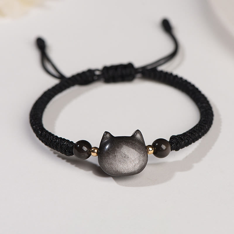 Spirituality Buddha Karma Handmade Natural Silver Sheen Obsidian Strawberry Quartz Cute Cat Protection Braided Bracelet