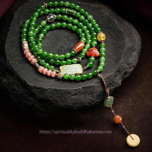 Spirituality 108 Mala Beads Cyan Jade Red Agate Laughing Buddha Luck Bracelet