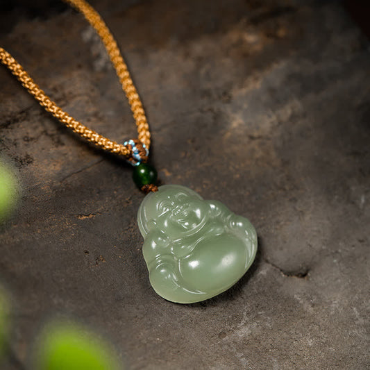 Spirituality Laughing Buddha Jade Lotus Prosperity String Necklace Pendant